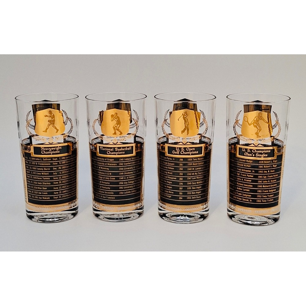 Vintage Set of 4 Sports Champions Highball Glasses Gold Black 5.75in Mid Century